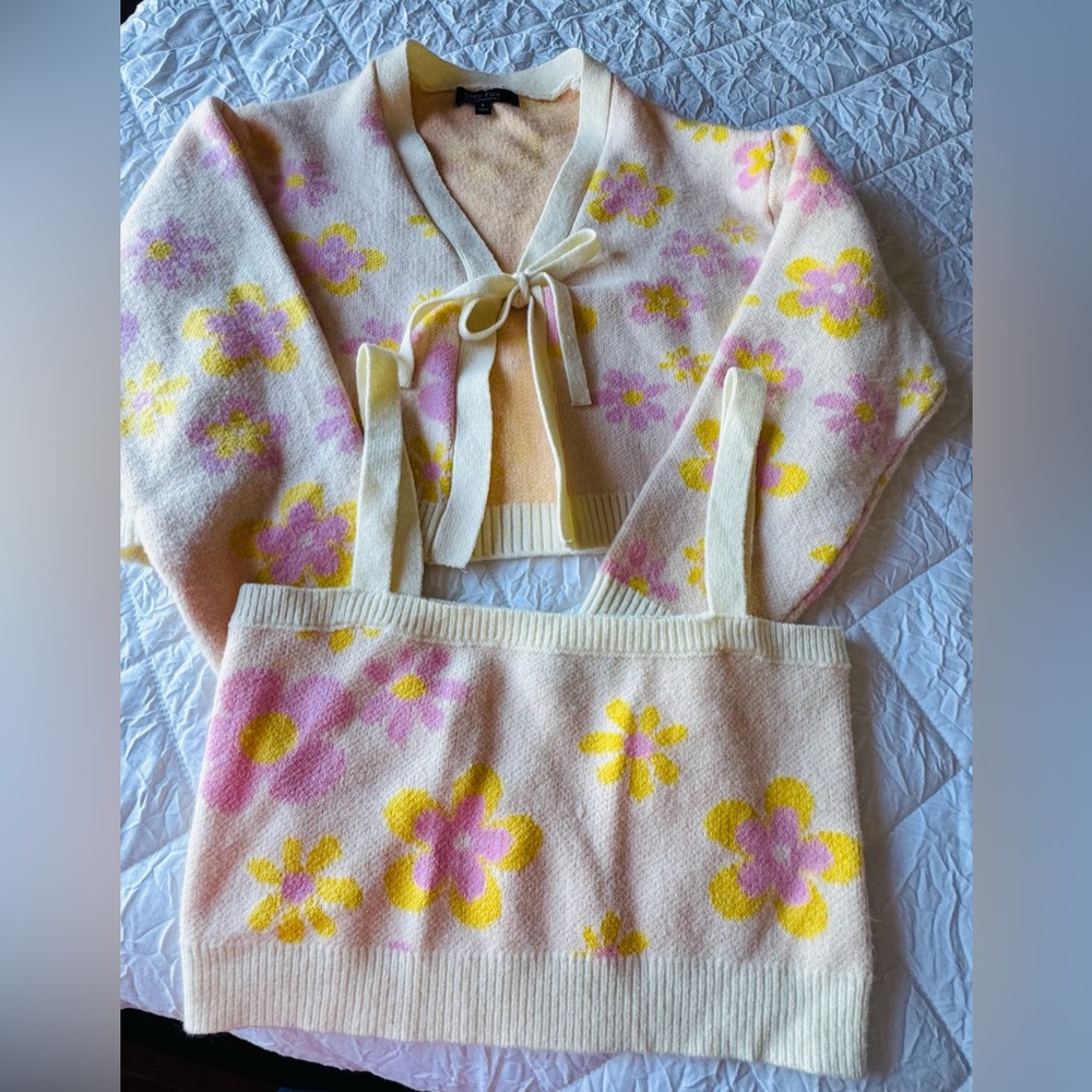 Floral Knit Tank Top and Cardigan Set